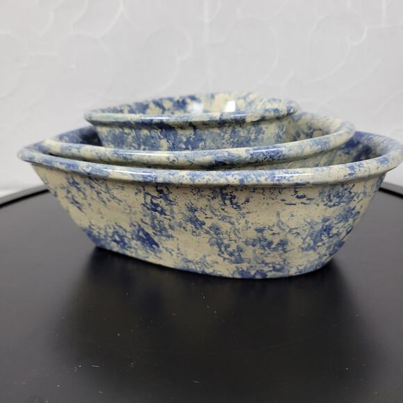Vintage 3 pcs Set Heart Shaped Nesting Bowls White Blue Sponge Paint Pottery Art - Picture 5 of 16